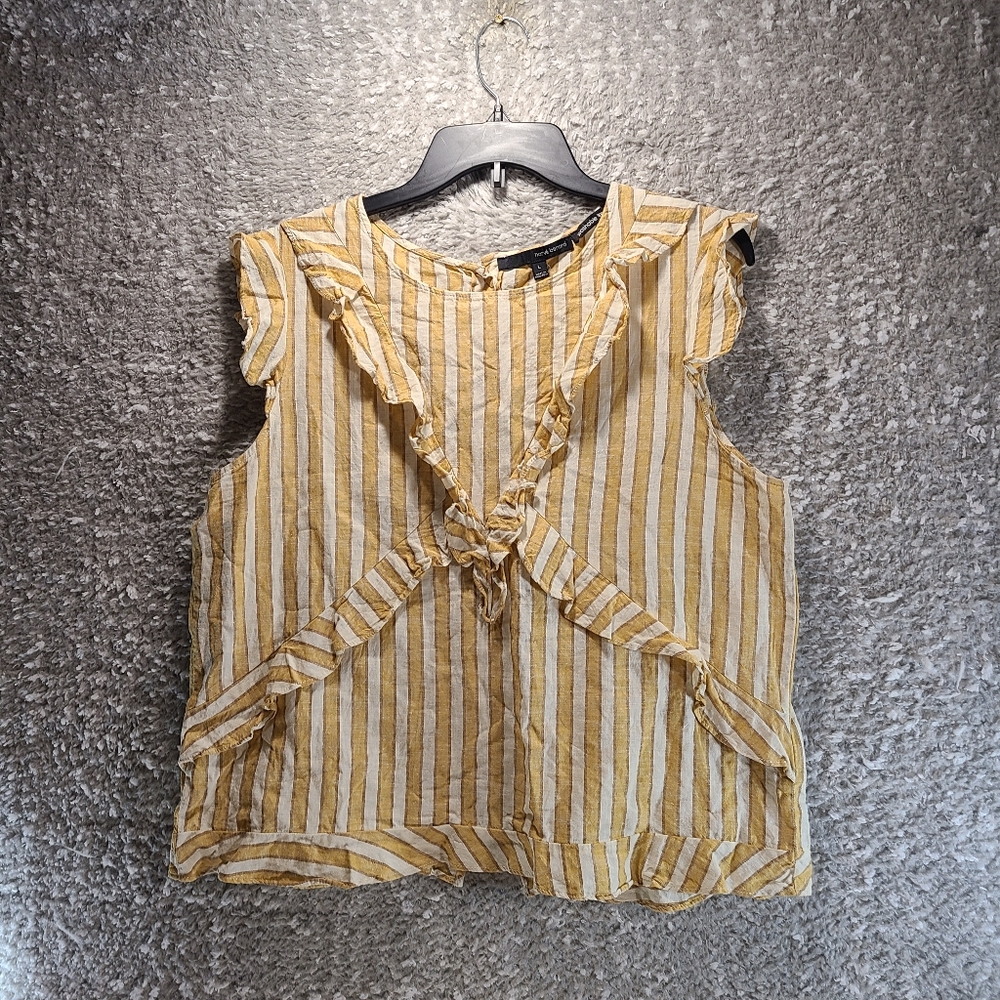 Harve Benard Top Women's L Washable Linen Button Back Striped‎ Yellow Brown Tan